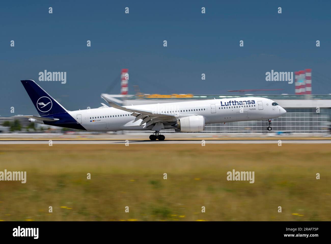 München, Deutschland - Juni 29. 2023 : Lufthansa Airbus A350-941 mit Luftfahrzeugregistrierung D-AIXP während der Landung auf der Südbahn 26L der Mun Stockfoto