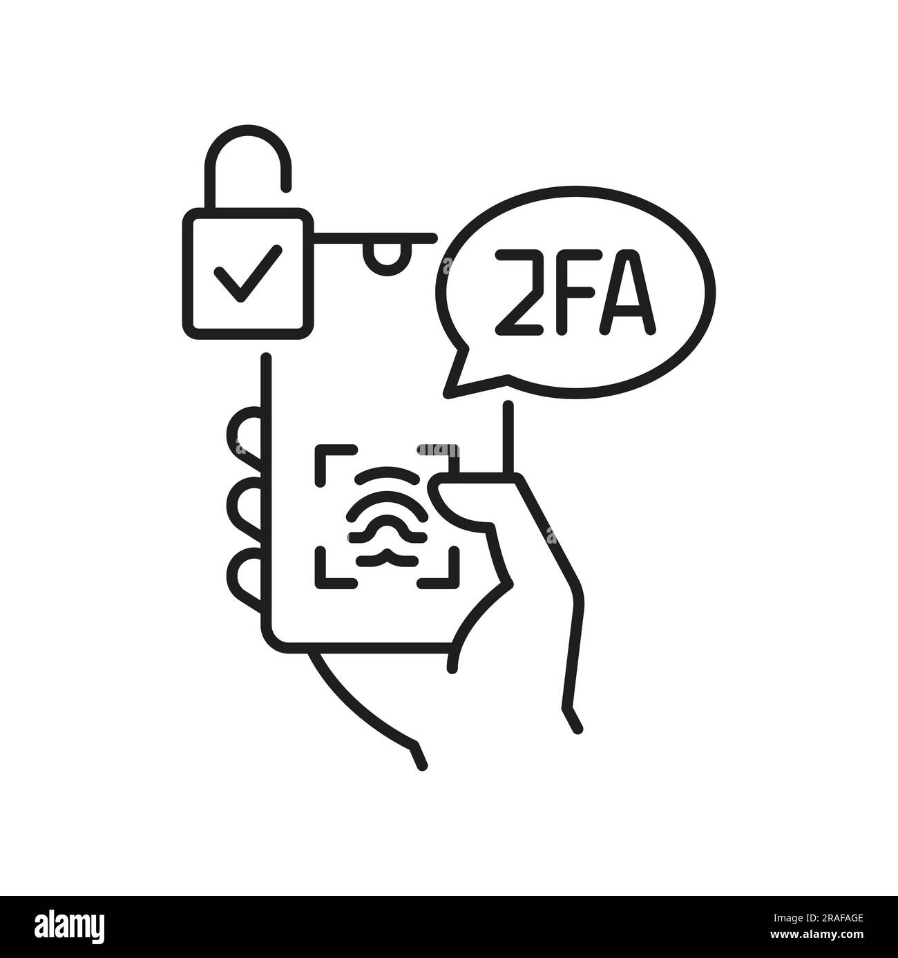 2FA Symbol für zwei-Faktor-Authentifizierung, Überprüfung des Fingerabdrucks, Vektor 2-stufige Zugriffsautorisierung. 2FA- oder MFA-Multifaktor-Authentifizierungssymbol für biometrische Validierung der Benutzeridentität und sicheren Zugriff Stock Vektor