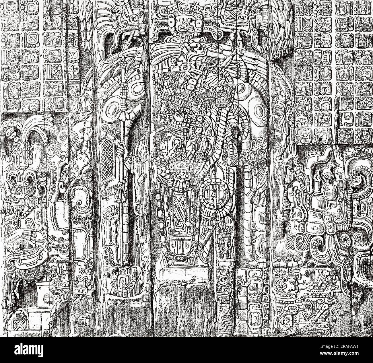 Altar-Hintergrund eines der Sonne gewidmeten Tempels in Tikal, Guatemala. Mittelamerika. Ausflug Zum Yucatan Und Zum Land Der Lacandonen Mit Désiré Charnay 1880. Alte Gravur aus dem 19. Jahrhundert von Le Tour du Monde 1906 Stockfoto