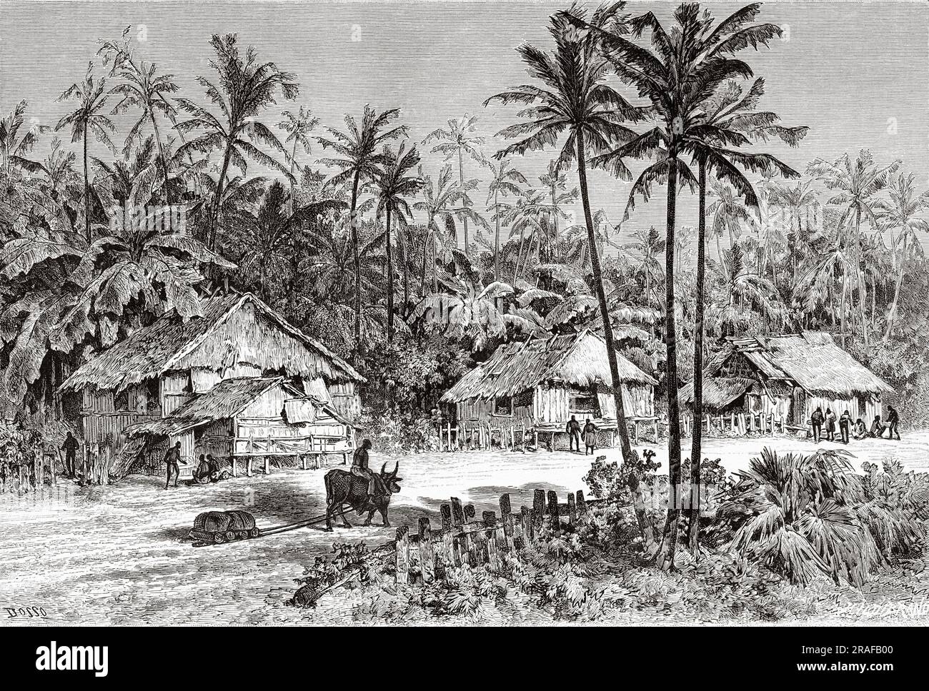 Eine alte Straße in Davao, Südost-Mindanao. Philippinen-Insel. Indonesien. Reise zu den Philippinen und Malaysia von Dr. J. Montano 1879-1881. Alte Gravur aus dem 19. Jahrhundert von Le Tour du Monde 1906 Stockfoto