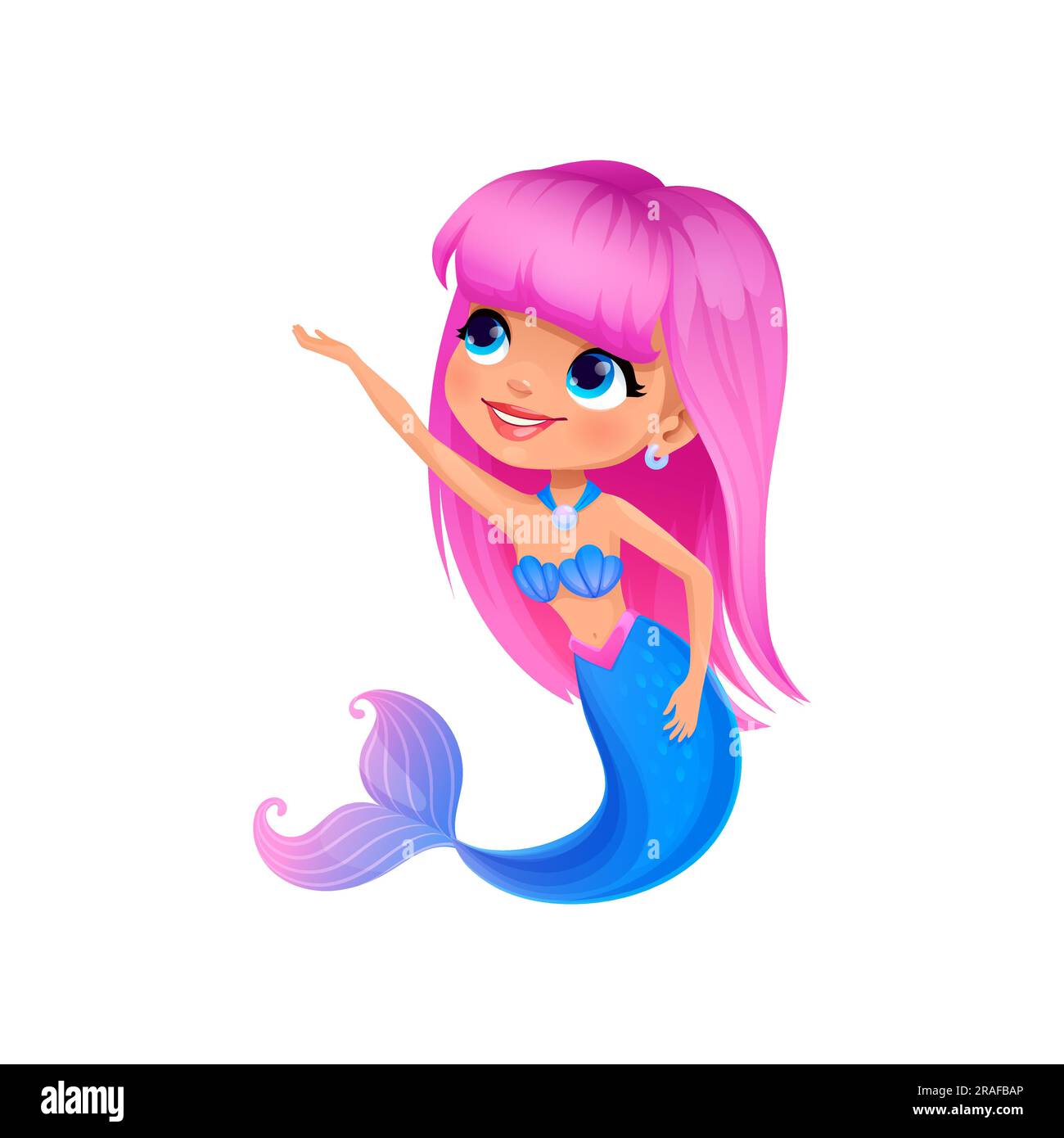 Cartoon-Meerjungfrau-Figur. Niedliche Unterwasserprinzessin mit rosa, fließendem Haar, blauem, schimmerndem Schwanz und freundlichem Lächeln. Isolierte Vektorfigur, bereit, in magische Abenteuergeschichte einzutauchen Stock Vektor