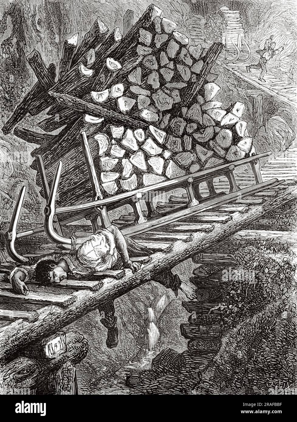 Schlüpfer des Waldes. Sledger wird von einer vollen Ladung Holz zu Tode gequetscht. Vogesen, Elsass, Haut-Rhin. Frankreich, Europa. Über Elsass und Lothringen bei Charles Grad 1884. Alte Gravur aus dem 19. Jahrhundert von Le Tour du Monde 1906 Stockfoto