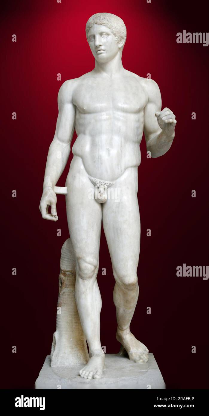 Doryphoros, von Polykleitos (römische Kopie) 440 v. Chr. von antiker griechischer Malerei und Skulptur Stockfoto