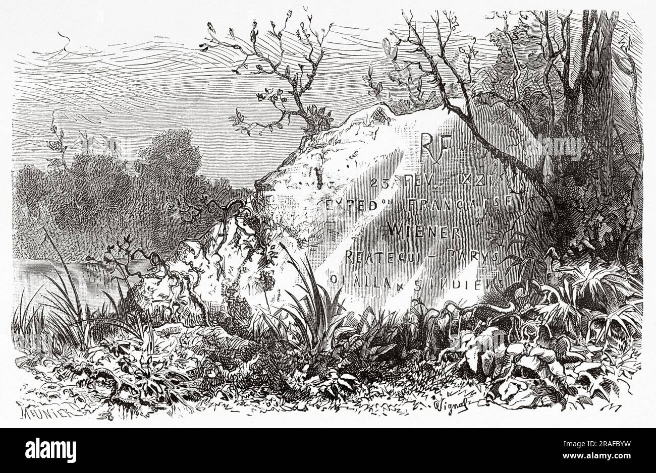 Inschrift von Charles Wiener auf einem Felsen am Eingang zu Pongo. Peru