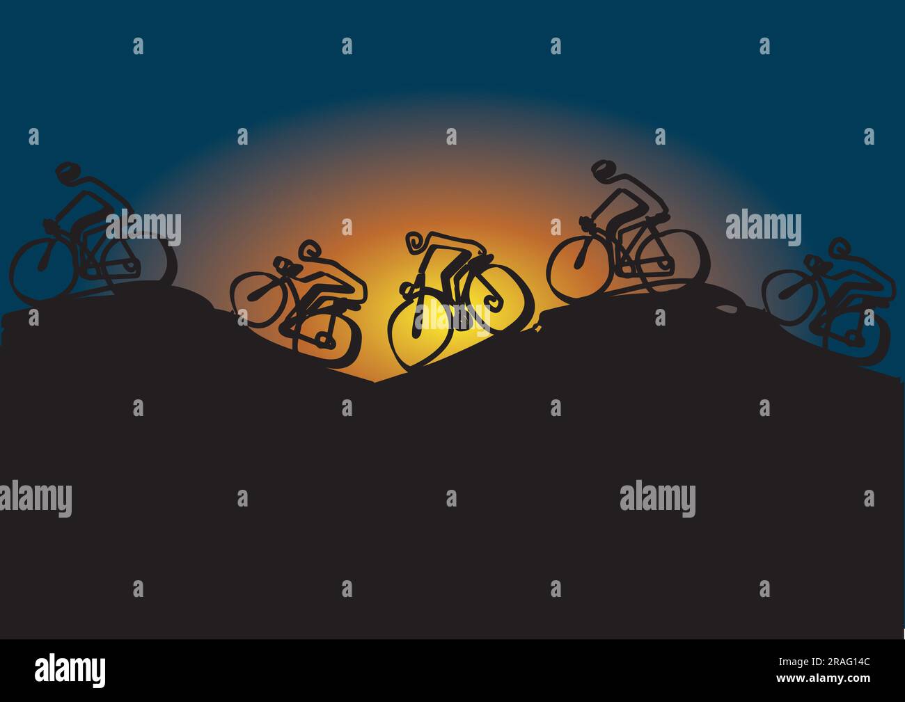 Mountainbikersmus, Trip, Sonnenuntergang. Darstellung von mtb-Bikern auf den Hügeln. Durchgehende Linienzeichnung. Nützlich als Bannervorlage. Vektor verfügbar. Stock Vektor
