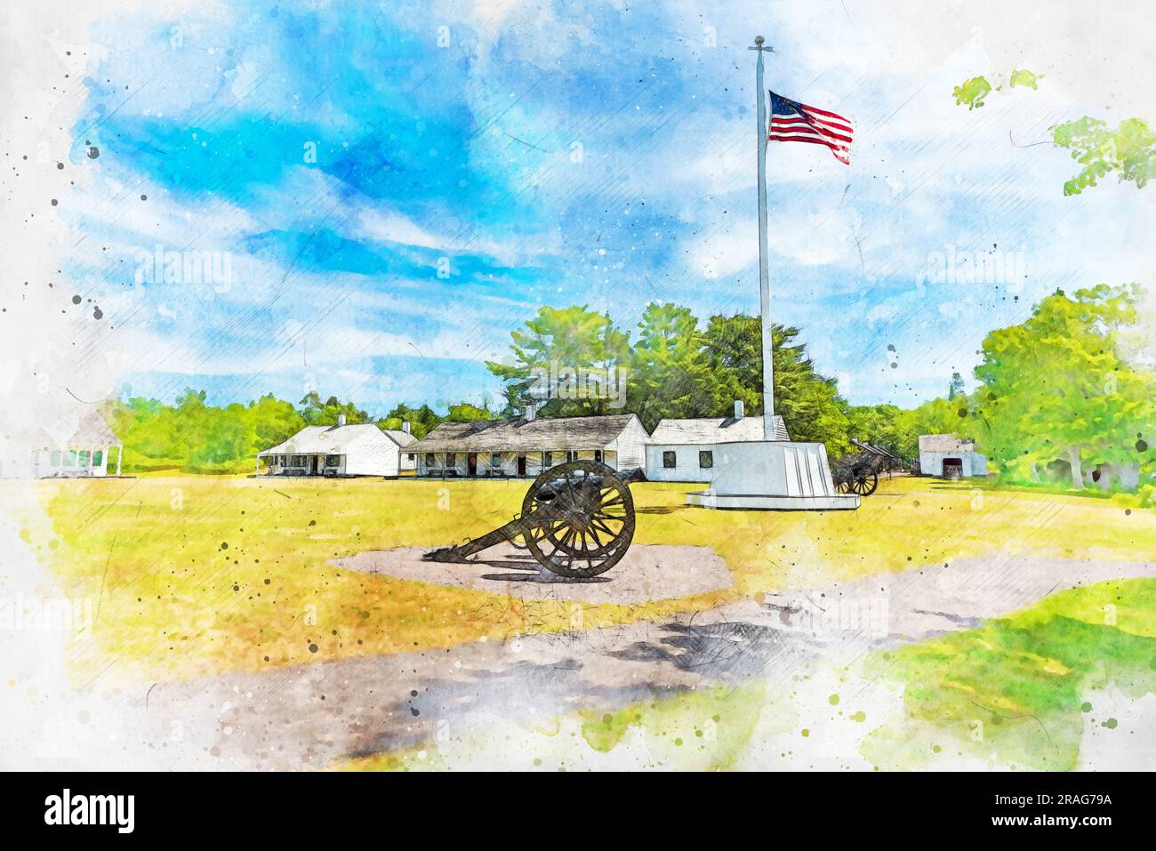 Alter Ruhm und Kanone im Fort Wilkins Historic State Park in Copper Harbor Stockfoto