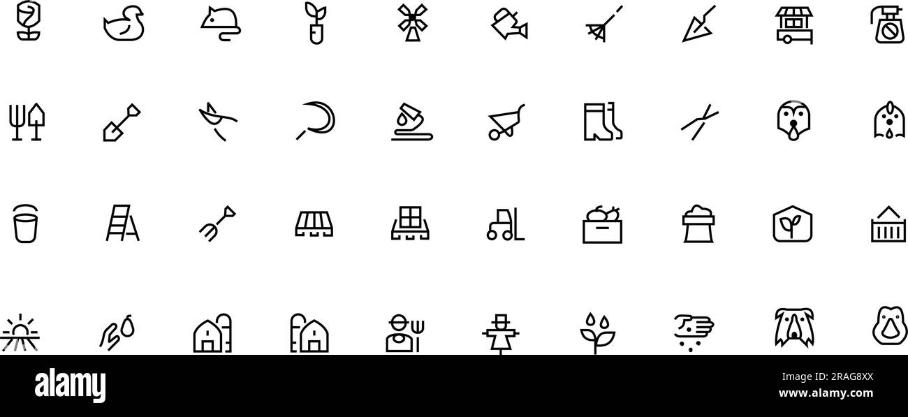 Symbolsatz „Landwirtschaft und Gartenbau“. Lastwagen, Traktoren, Bauern, Tiergemüse und Bauernhöfe. Blumen- und Gartenvektorelemente. Stock Vektor