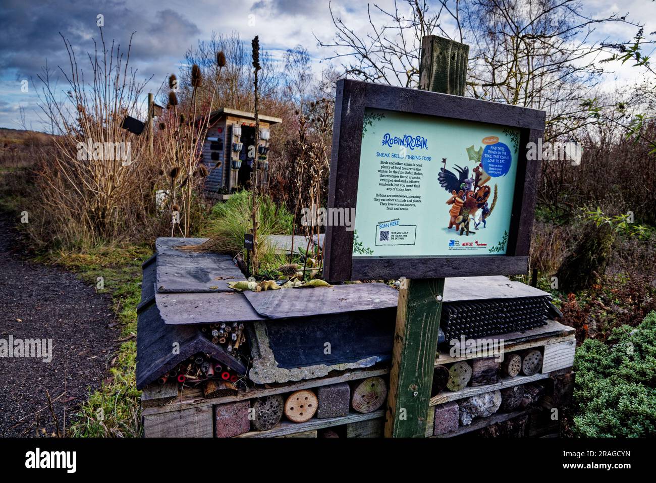 Bugs Hotels im Old Moor Nature Reserve Stockfoto