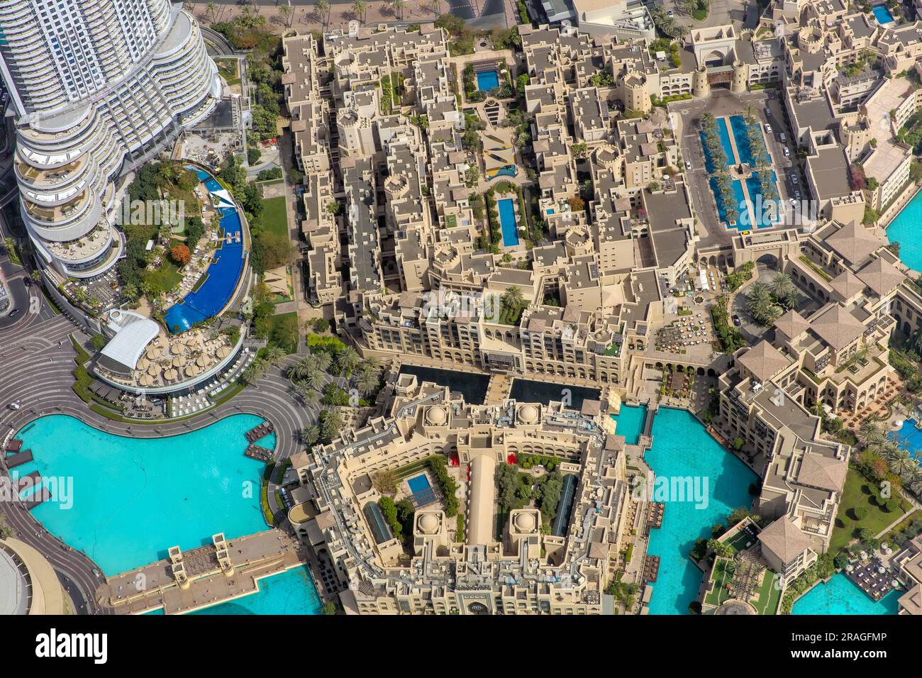 Dubai Brunnen und Seengebiet vom Burj Khalifa Building, Dubai, Vereinigte Arabische Emirate aus gesehen Stockfoto