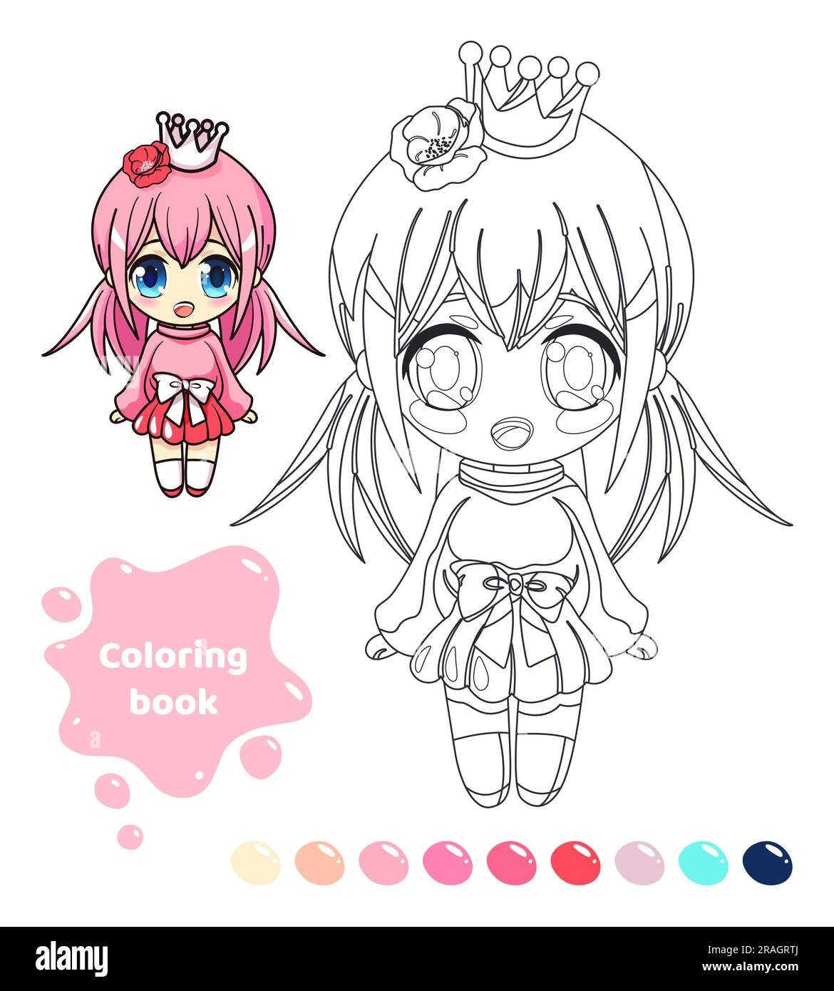 Malbuch für Kinder. Anime-Mädchen mit Rose. Stock Vektor