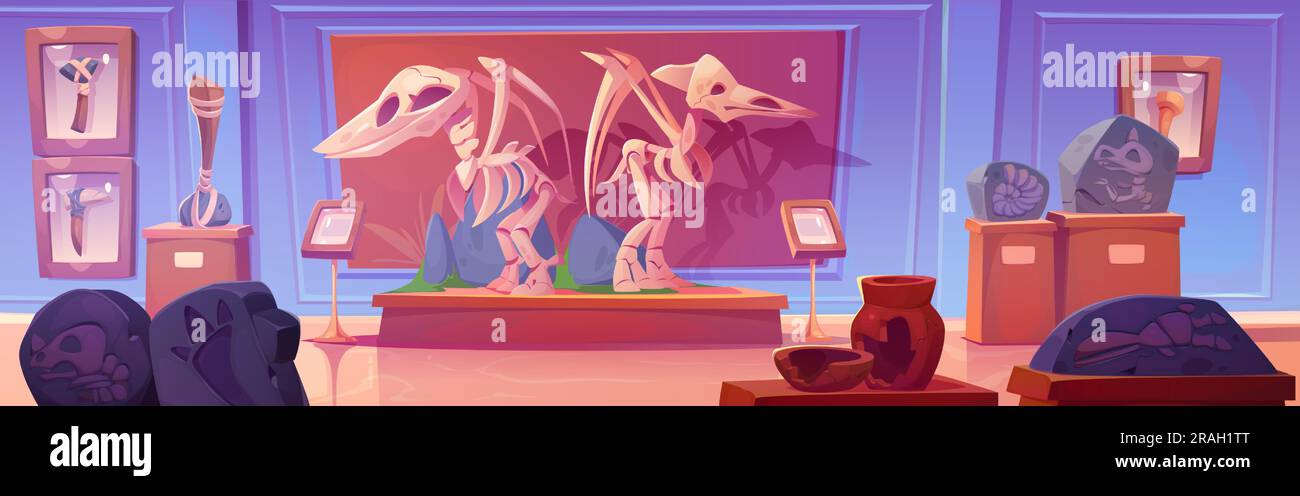 Fossil-Pterodactyl-Dinosaurier-Skelett in der Museumsvektordarstellung. Dino-Tierknochen und -Schädel auf natürlichem Sockel im Saalraum. Prähistorische Paläontologie-Galerie mit leerem Innenraum Stock Vektor