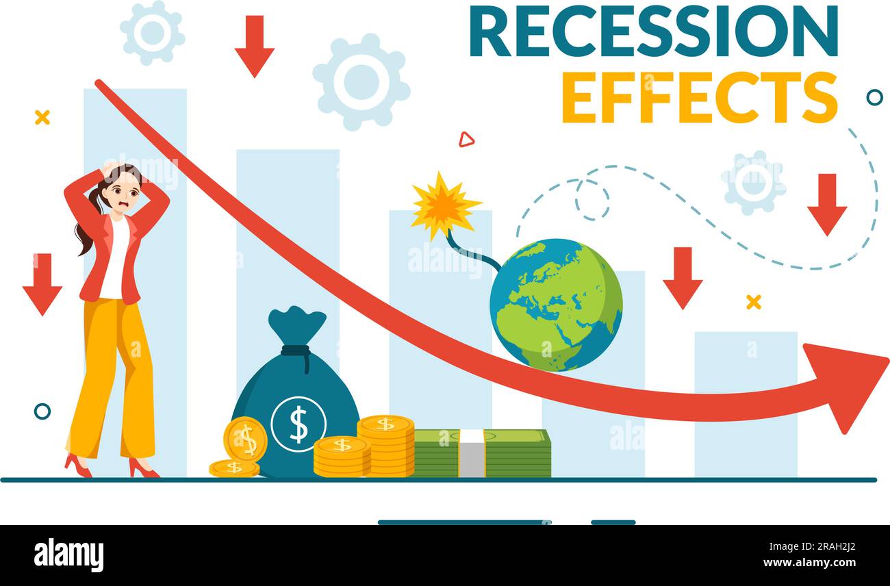 Rezessionseffekte Vektordarstellung mit Auswirkungen auf Wirtschaftswachstum und Rückgang der Wirtschaftstätigkeit führt zu flachen, handgezeichneten Cartoon-Vorlagen Stock Vektor