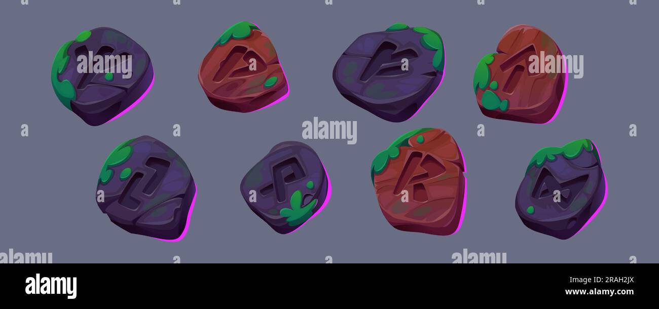 UI-Spielset mit magischen Runensteinen. Alte nordische Runensymbole auf Felsen und Holzgegenständen mit Moos. Alte Fantasiesteine mit esoterischen Zeichen, Vektorgrafiken Stock Vektor