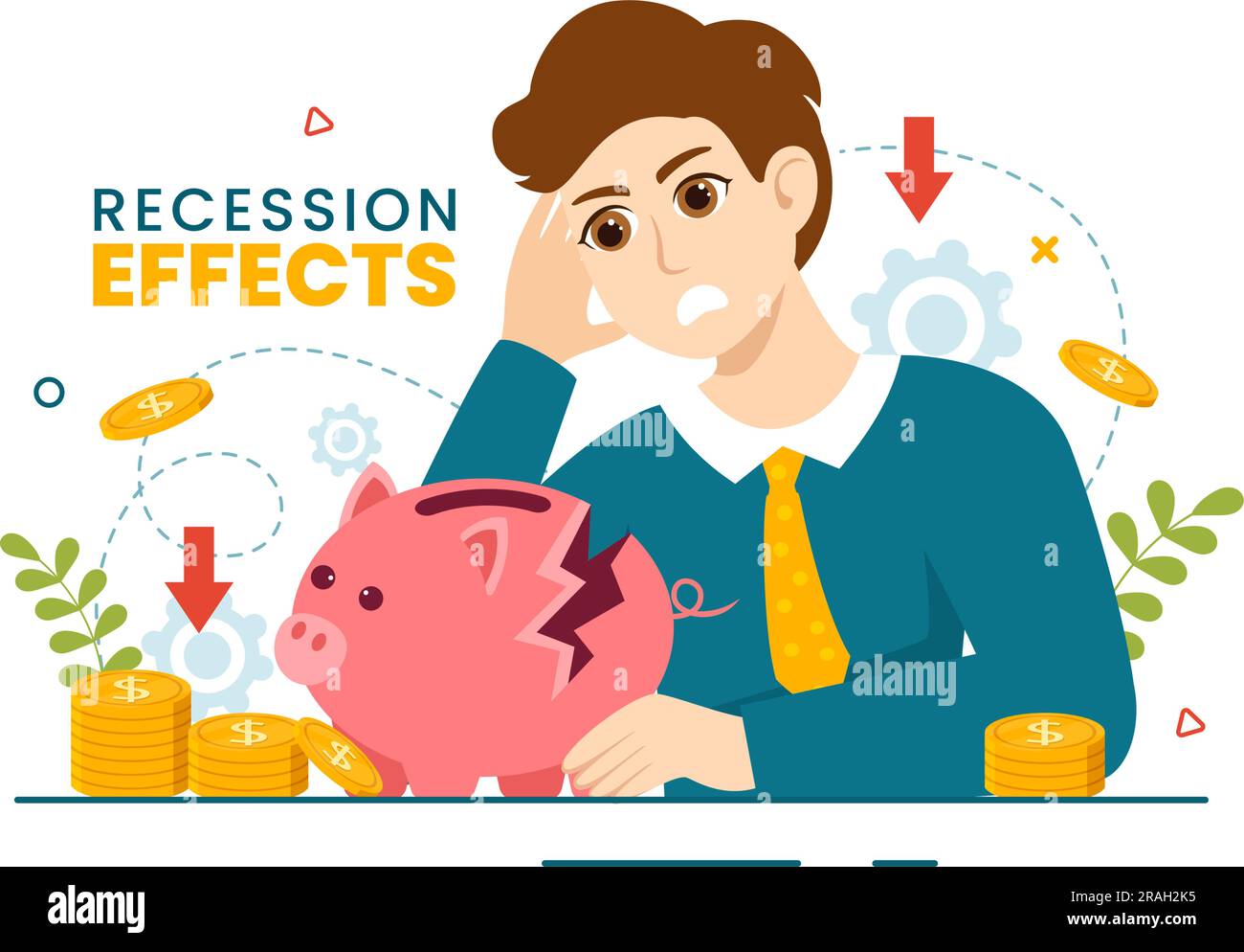 Rezessionseffekte Vektordarstellung mit Auswirkungen auf Wirtschaftswachstum und Rückgang der Wirtschaftstätigkeit führt zu flachen, handgezeichneten Cartoon-Vorlagen Stock Vektor