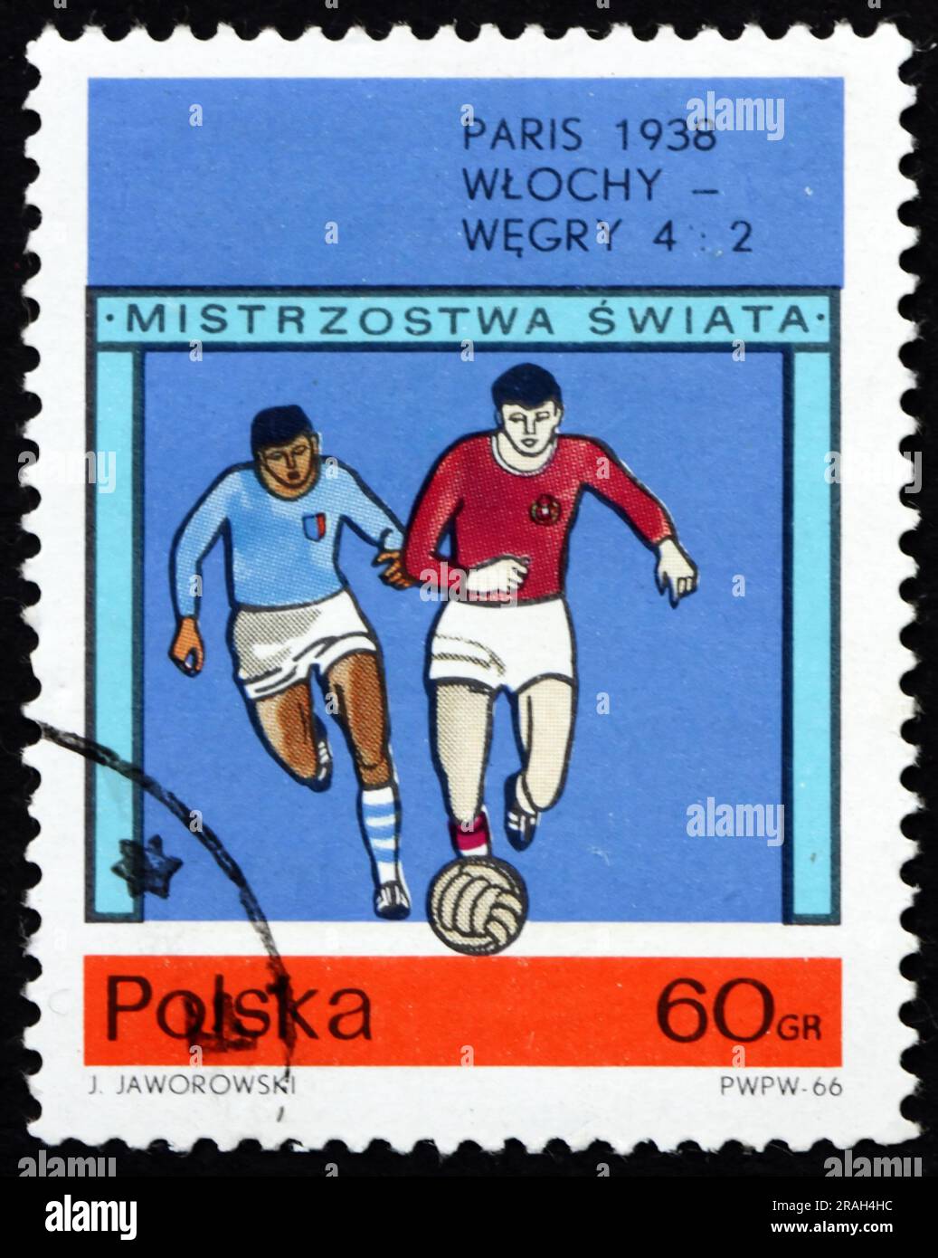 POLEN - CA. 1966: Ein in Polen gedruckter Stempel zeigt das endgültige Fußballspiel der Weltmeisterschaft 1938, Paris, ca. 1966 Stockfoto