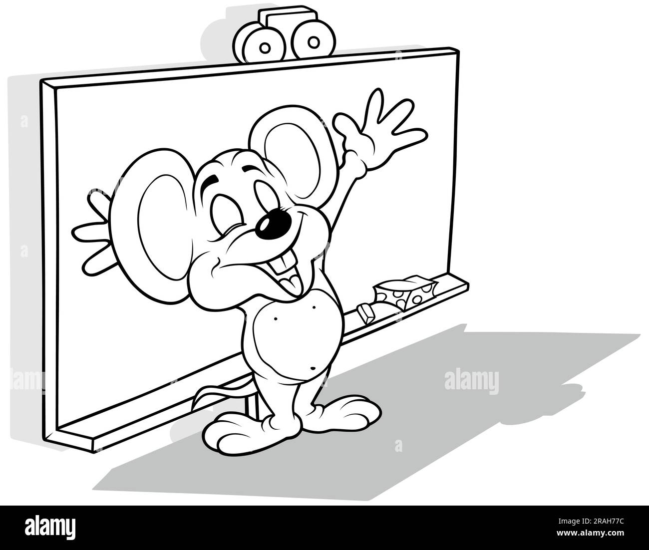 Zeichnung einer fröhlichen Maus, die vor der Schultafel steht Stock Vektor