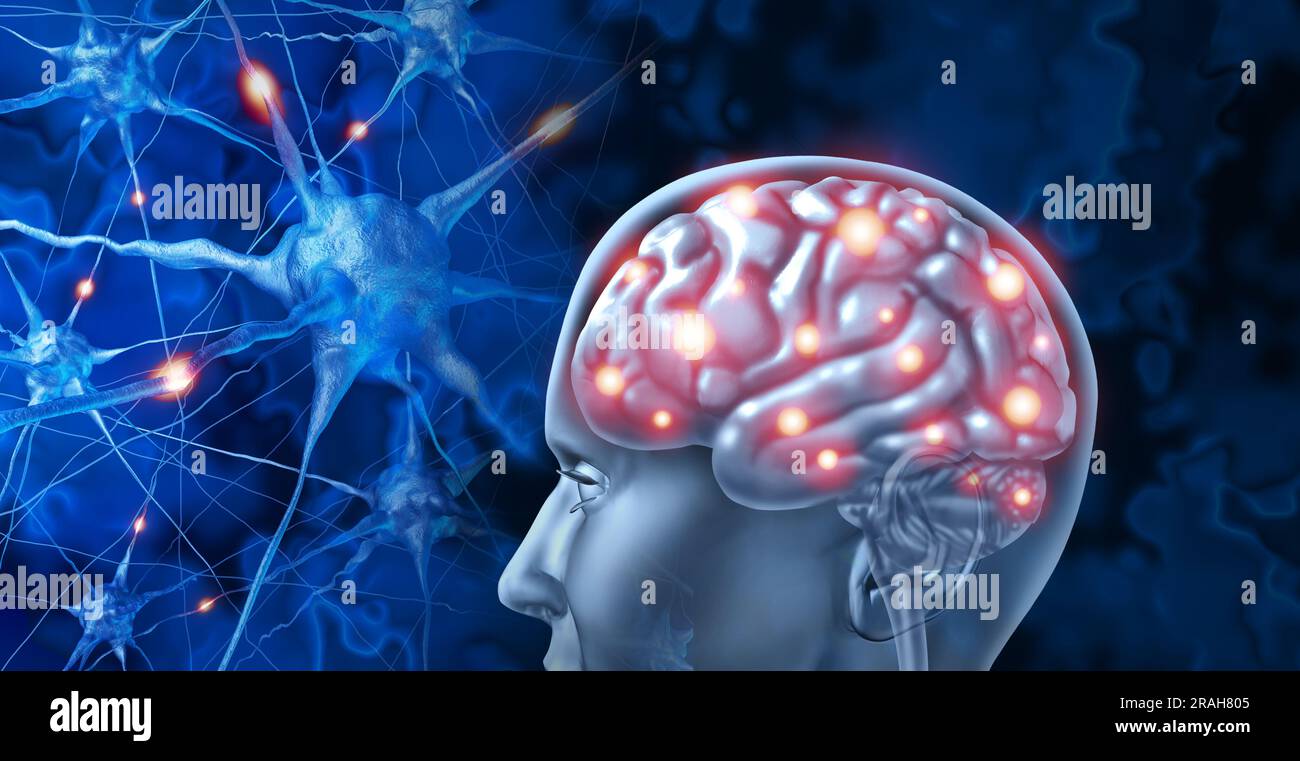 Neurologie des menschlichen Gehirns und kognitive Nervenendigungen als anatomisches medizinisches Symbol eines Kopfes mit Neuronen, die feuern und glühen und neurologische Funktionen zeigen Stockfoto