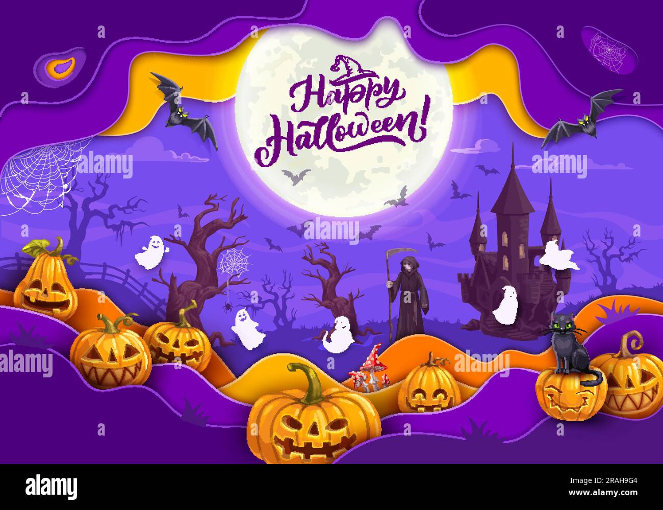 Halloween-Banner mit Papierschnitt. Kürbis Jack o Laternen lächelnde Gesichter, Friedhofsgeister und Todesskelett, schwarze Katzenfiguren, Schloss und Fledermäuse auf Happy Halloween Papier geschnittener Vektorhintergrund Stock Vektor