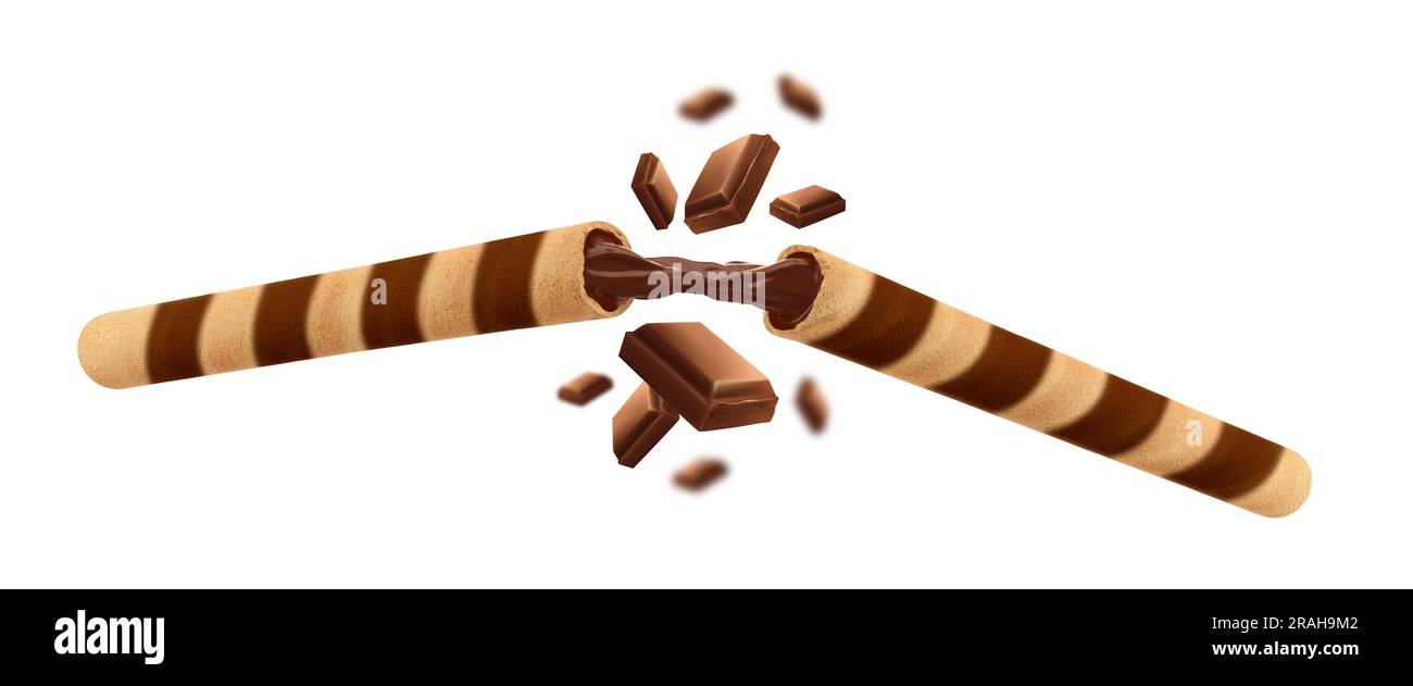 Schokoladenrolle mit Schokoriegel auf weißem Hintergrund. Schokoladenbrötchen Stockfoto