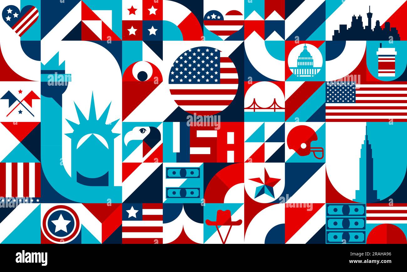Abstrakte geometrische US-Formen, bauhaus-Muster amerikanischer Reiseziele. Vektorhintergrund einfacher geometrischer Figuren, Sterne und Streifen Flagge, Freiheitsstatue, Brücke, Adler und Cowboyhut Stock Vektor