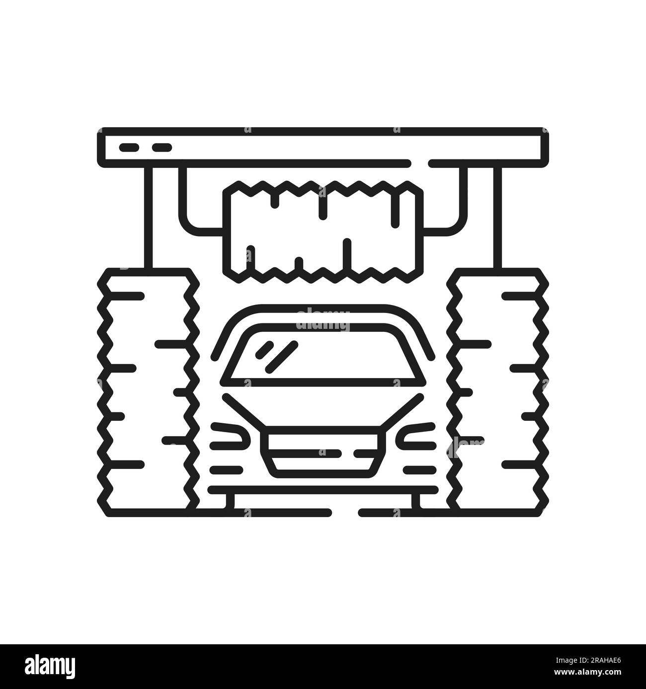 Autowaschanlage an der Station mit Wasserstrahl und Reinigern, isoliertes Umrisssymbol für Vorderansicht. Vektorauspülung, automatisches Spritzen, Schild Fahrzeugpflege Stock Vektor