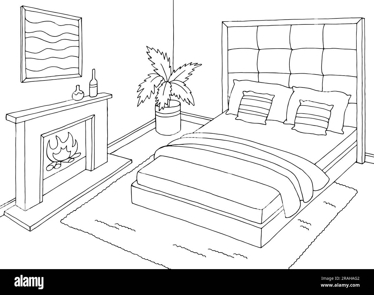 Schlafzimmer Grafik schwarz weiß Haus Interieur Skizze Illustration Vektor Stock Vektor