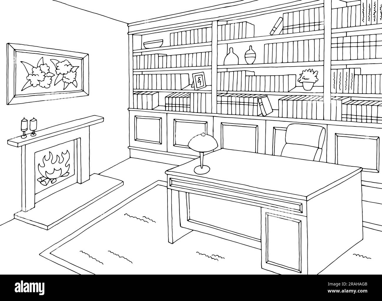 Bibliothek Innengrafik schwarz weiß Skizze Illustration Vektor Stock Vektor