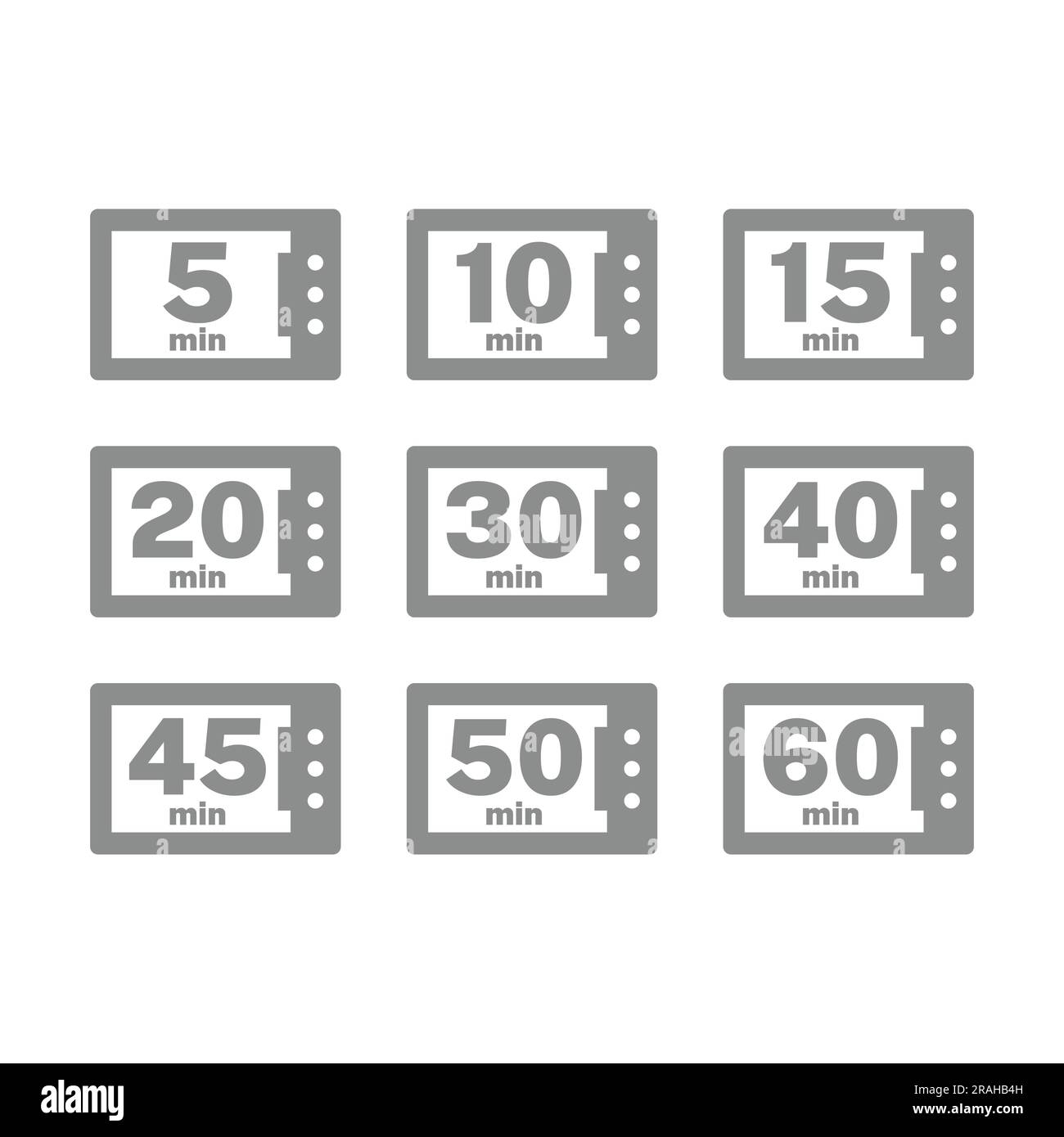 Vektorsymbole für die Kochzeit. Mikrowelle für 5 Std., 10 Min., Satz mit Zeilensymbolen. Stock Vektor