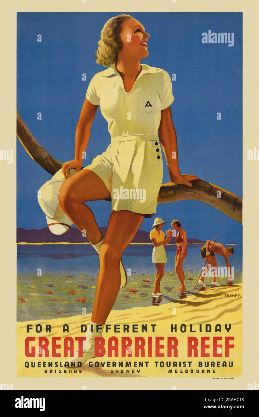 Für einen anderen Urlaub. Great Barrier Reef von Percy Trompf (1902-1964). Poster wurde 1934 in Australien veröffentlicht. Stockfoto