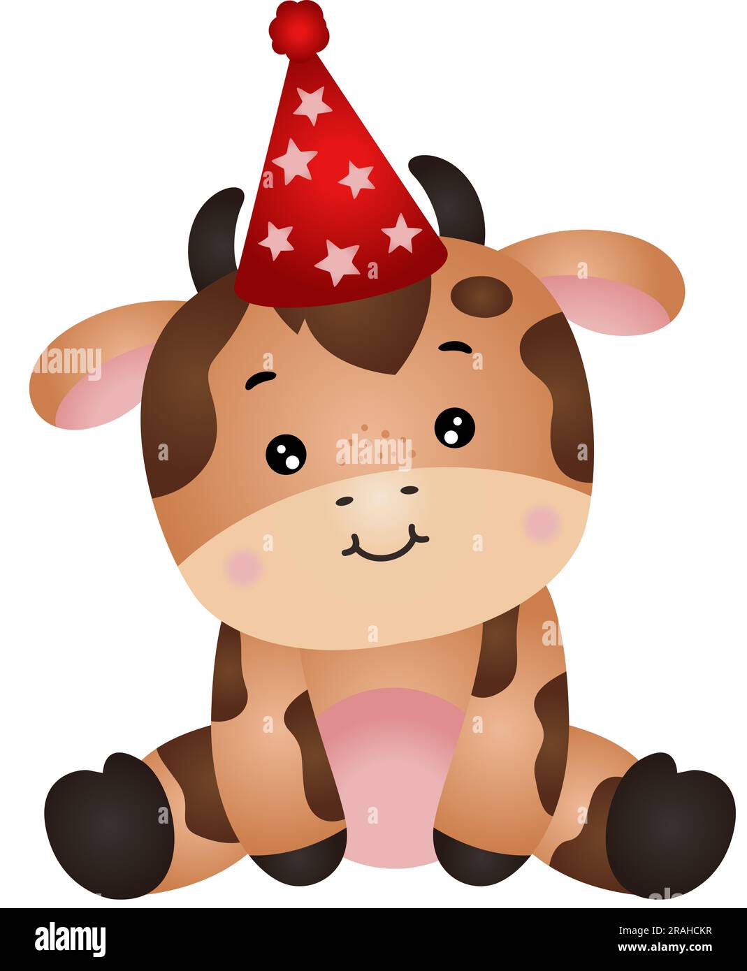 Süße Kuh mit Partyhut auf dem Kopf Stockfoto
