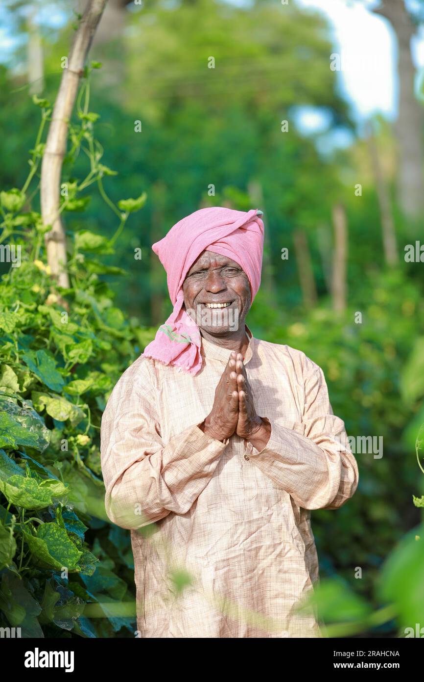 Indische Landwirtschaft, glücklicher indischer Bauer, der dich begrüßt, indischer Bauer, der namensvolle Hände zeigt Stockfoto