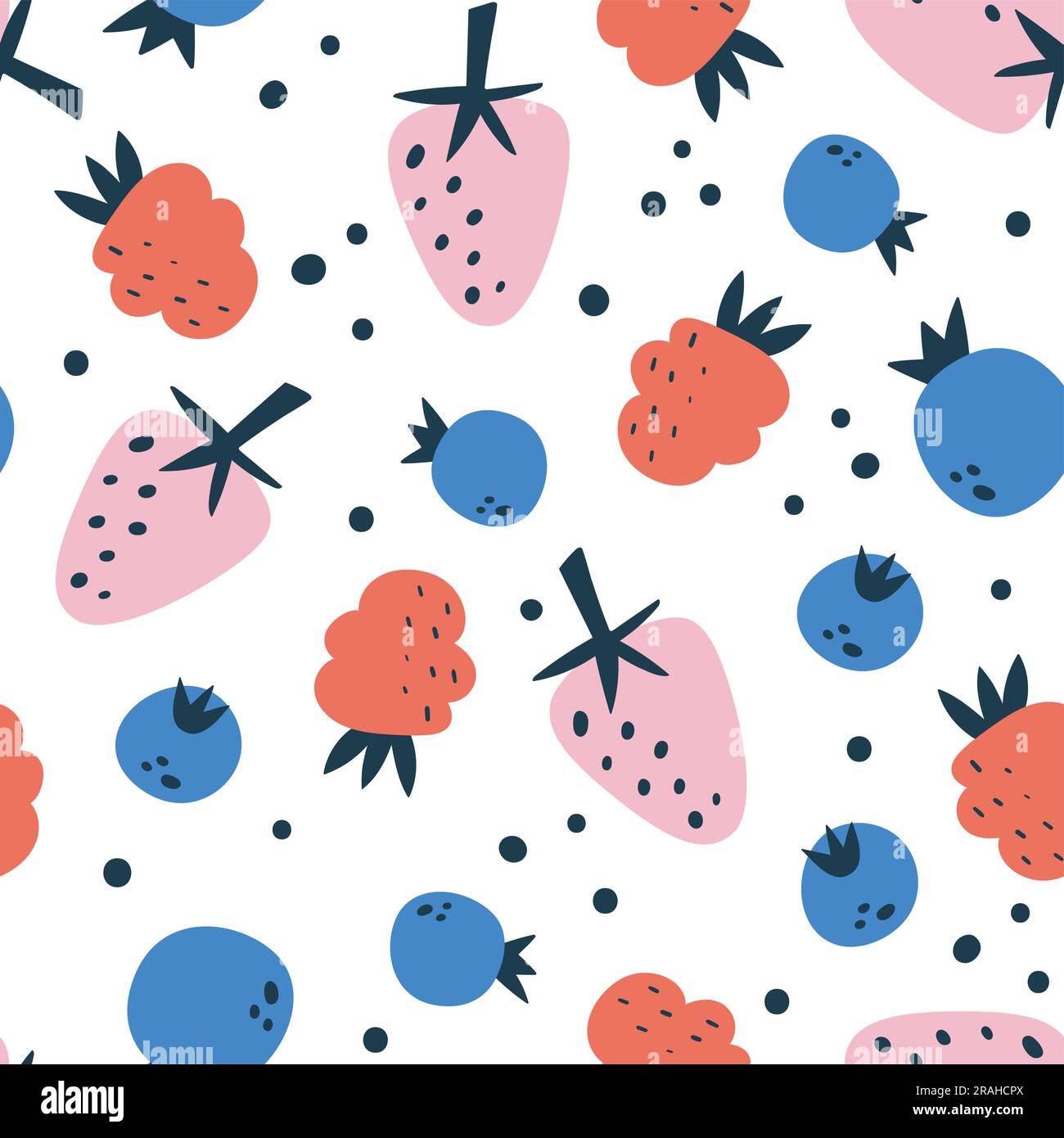 Beeren mit nahtlosem Fruchtmuster. Quadratische Wiederholung mit Erdbeeren, Himbeeren und Heidelbeeren. Abstrakte bunte Komposition. Desi. Flachvektor Stock Vektor