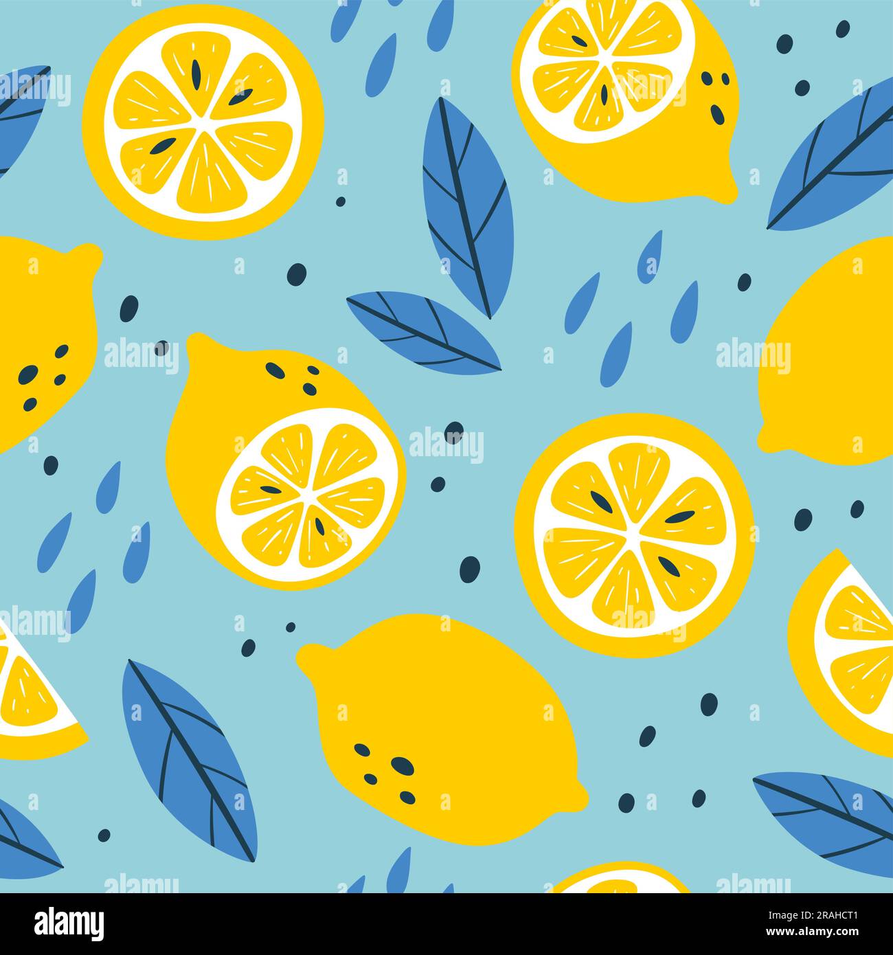 Nahtloses Zitronenfruchtmuster. Quadratisches Wiederholungsmuster mit Zitronen, Scheiben und Blättern. Zusammensetzung Gelb und Blau. Flaches Vektormuster. Stock Vektor