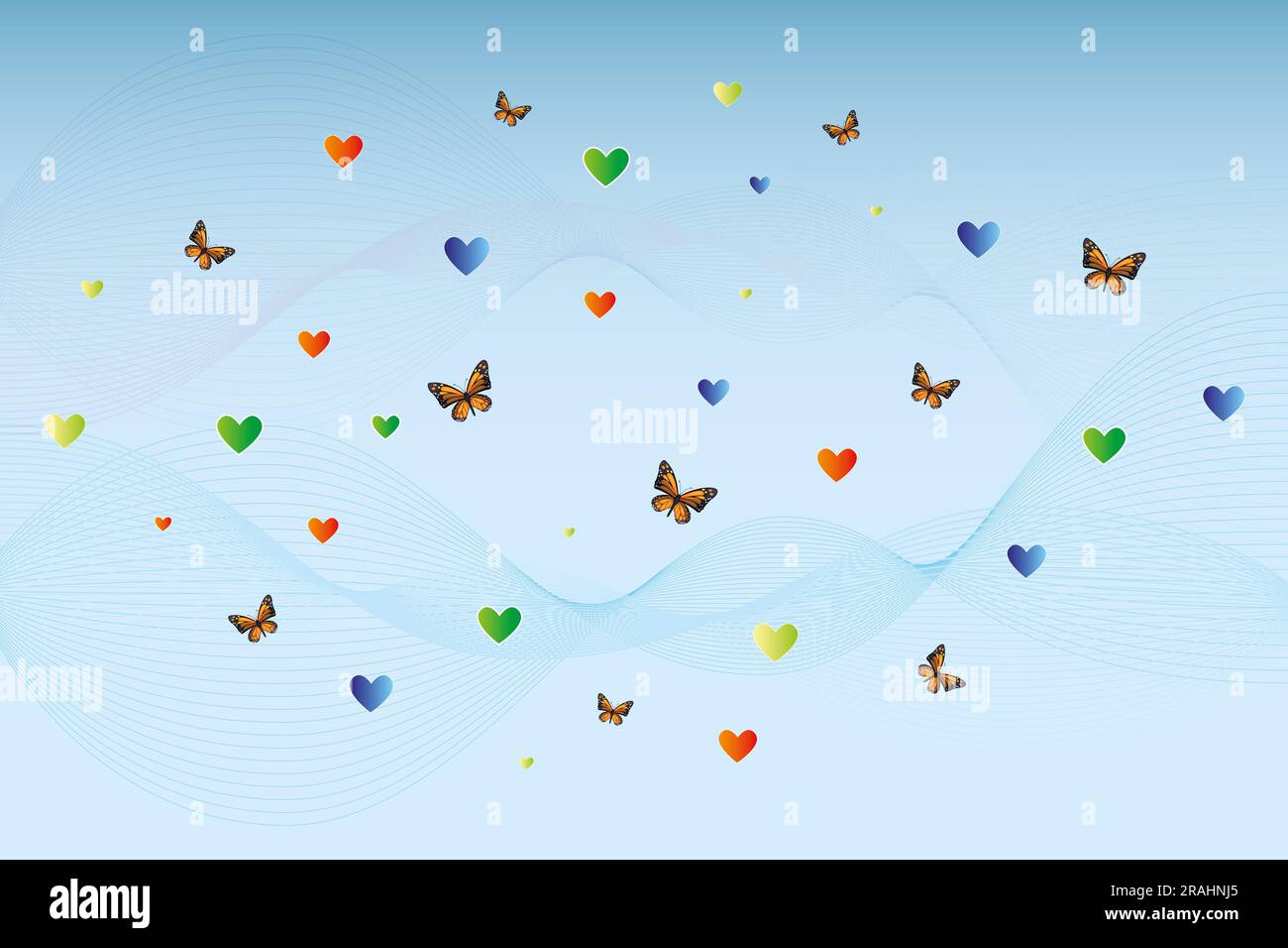 Monarch-Schmetterlinge und farbenfrohe Fantasy-Herzen in Harmonie auf blauen und pinkfarbenen Wellen auf hellblauem Hintergrund – nützlich für Designer und jedes Detail Stockfoto
