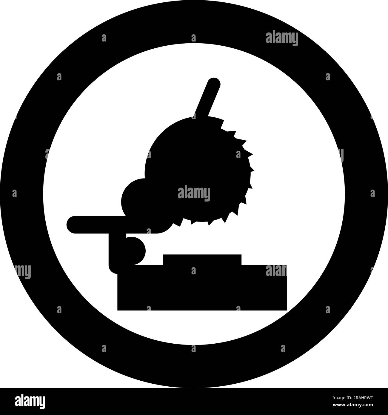 Gehrungssäge Tischstahl abgeschnittene Maschine Tischlerwerkstatt Konzeptsymbol im Kreis rund schwarz Vektordarstellung Bild durchgehende Kontur einfach Stock Vektor
