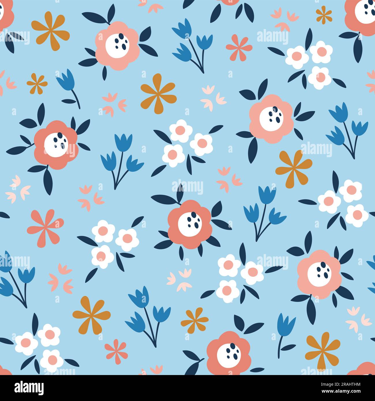 Nahtloses Blumenmuster mit kleinen abstrakten Blumen. Niedliches Wiederholungsmuster auf quadratischem hellblauem Hintergrund. Vektordarstellung. Stock Vektor