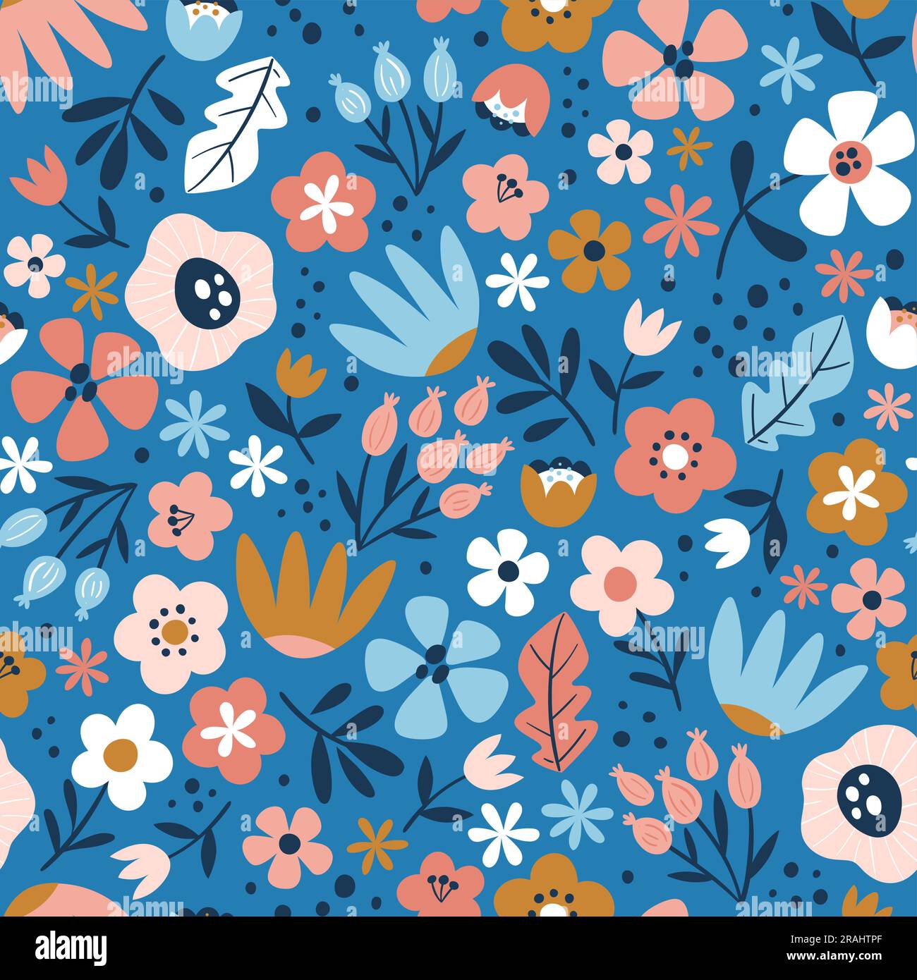 Nahtloses Blumenmuster auf blauem Hintergrund. Süßes Wiederholungsmuster mit bunten, isolierten Blumen. Quadratisches Design. Vektordarstellung. Stock Vektor