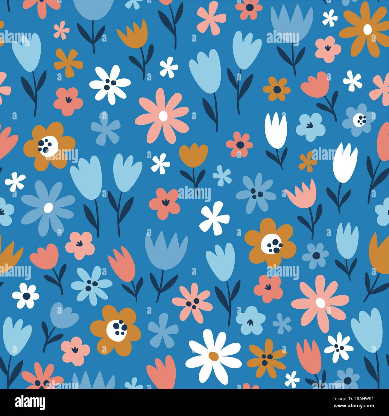Nahtloses Blumenmuster auf blauem Hintergrund. Wiederhole das Muster mit kleinen abstrakten Blumen. Quadratisches Design. Vektordarstellung. Stock Vektor