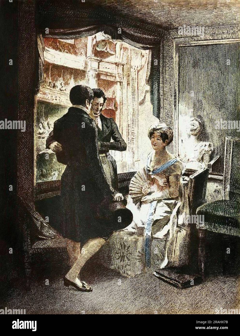 "Eugene de Rastignac presente a Madame de Nucingen par le marquis d'Adjuda". Gravure Milieu 19eme Siecle. Illustration pour 'Le pere Goriot' d'Honore de Balzac (1799-1850). Stockfoto
