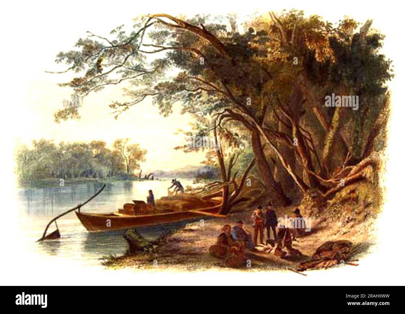 Die Gruppe, in der Karl Bodmer unterwegs war, hielt an, um am Missouri River in North Dakoon 1833 zu campen; USA von Karl Bodmer Stockfoto