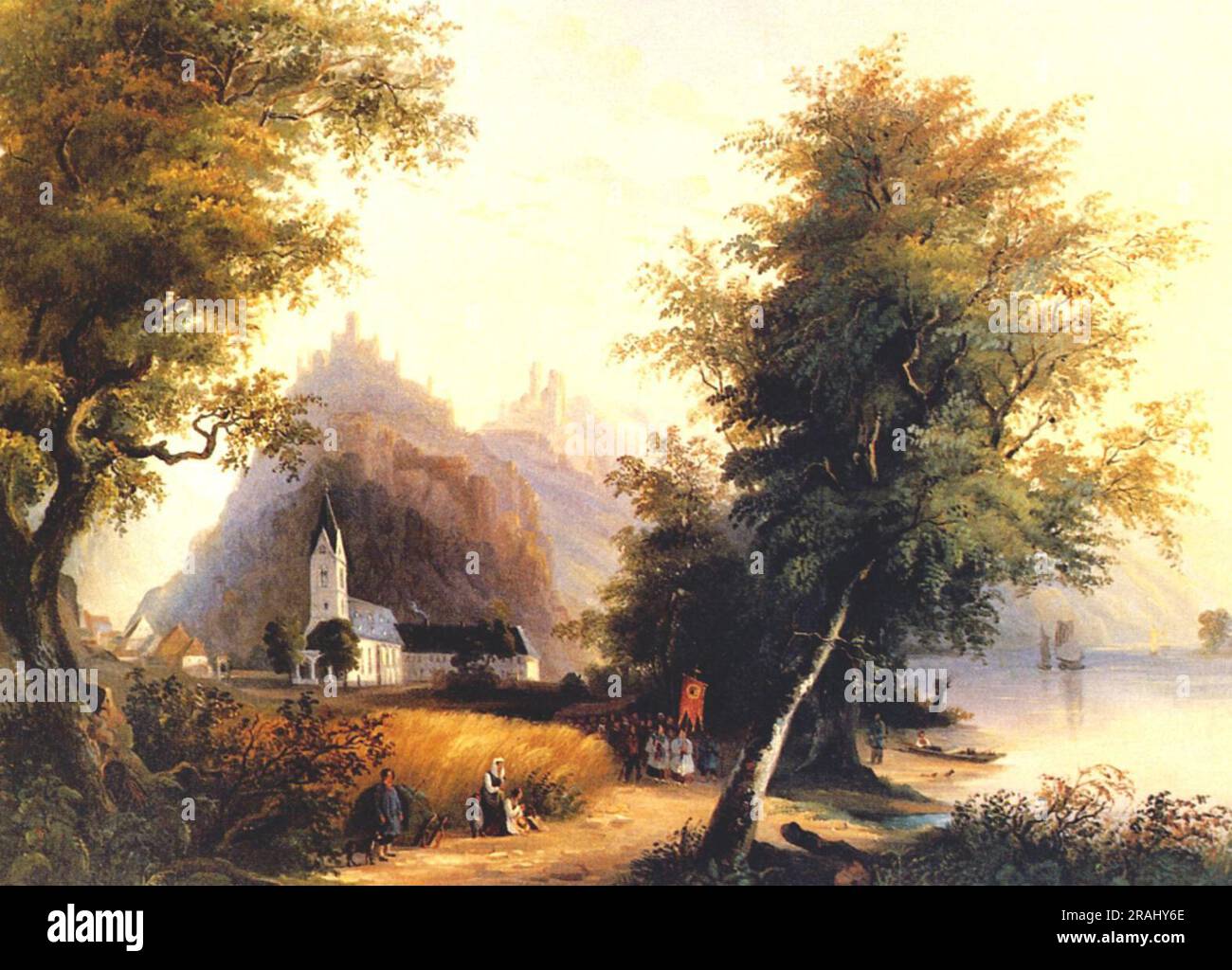 Die 'feindlichen Brüder' in Bornhofen am Rhein mit Blick auf Kloster und Dorf 1830 von Karl Bodmer Stockfoto