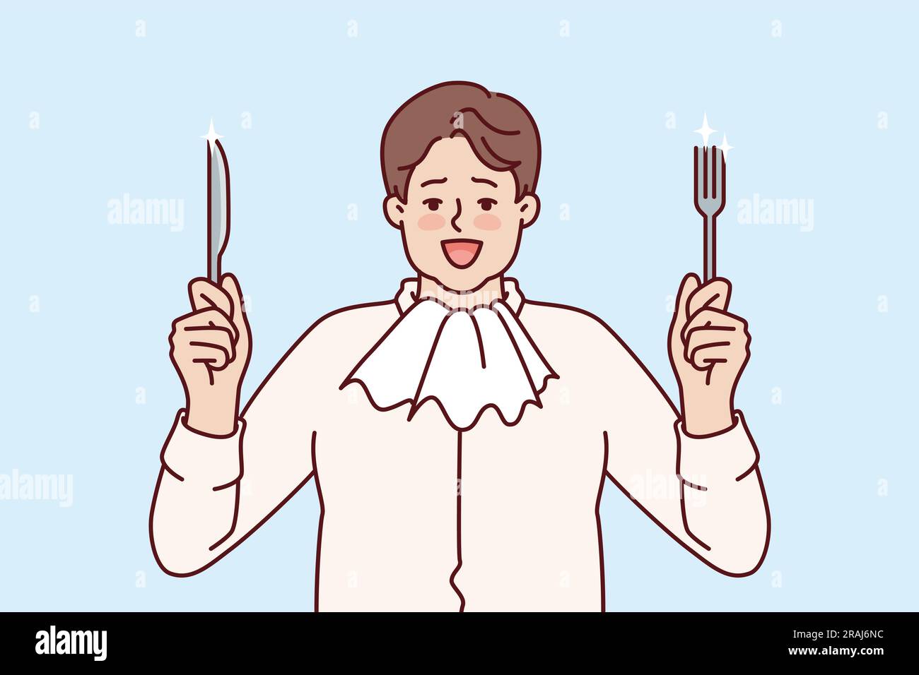 Ein fetter Mann mit Serviette um den Hals hält Gabel und Messer und bereitet sich auf ein herzhaftes Abendessen und Essen vor. Lustiger hungriger Kerl freut sich über die Gelegenheit, Essen zu essen, um das Konzept von Überernährung und Bekämpfung von Fettleibigkeit zu verstehen Stock Vektor