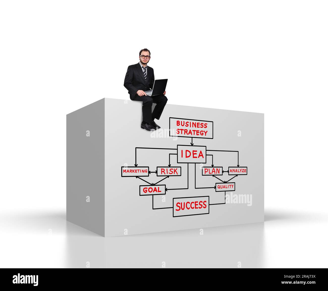 Geschäftsmann sitzt auf einem großen Würfel mit Businessplan Stockfoto
