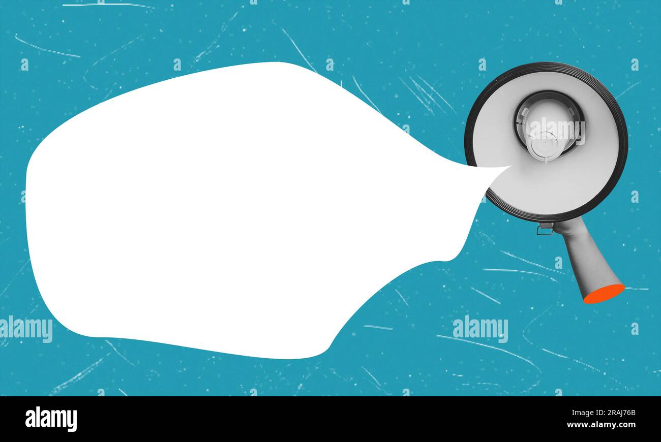 Menschliche Hand hält Lautsprecher, Megafon mit leerer Sprechblase für Text, Werbung. Banner. Informationen. Collage für zeitgenössische Kunst. Geschäftskonzept, e Stockfoto