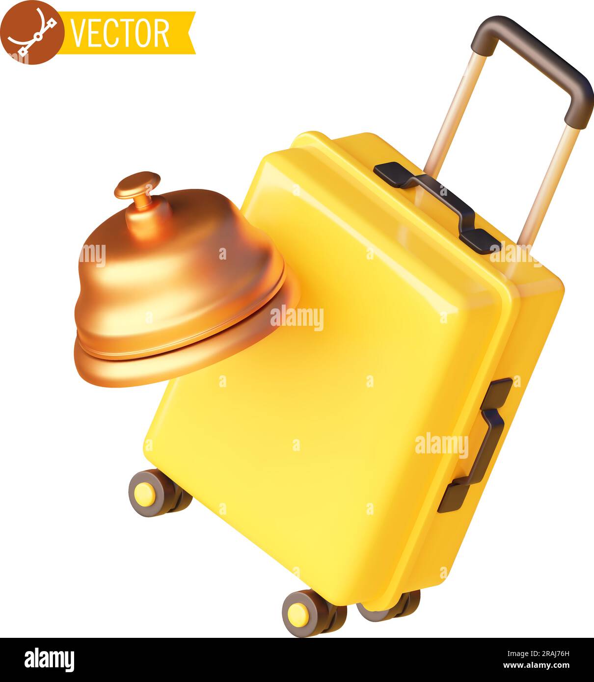 Vektorgelb Reisekoffer und Hotelglocke. Große Plastiktüte auf Rädern und Bronze-Glocke an der Hotelrezeption. Symbol für Hotelbuchung Stock Vektor