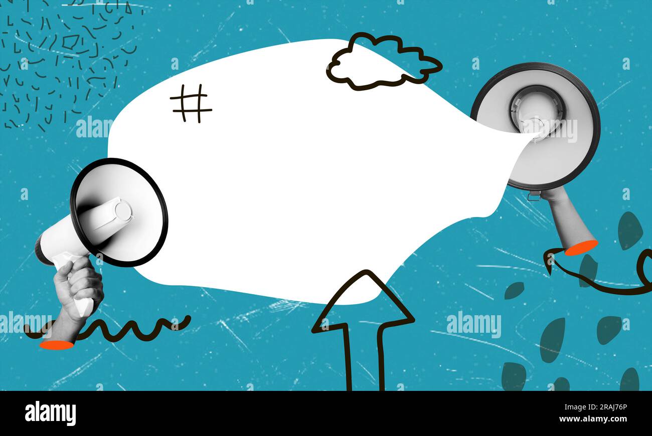Menschliche Hand hält Lautsprecher, Megafon mit leerer Sprechblase für Text, Werbung. Banner. Informationen. Collage für zeitgenössische Kunst. Geschäftskonzept, e Stockfoto