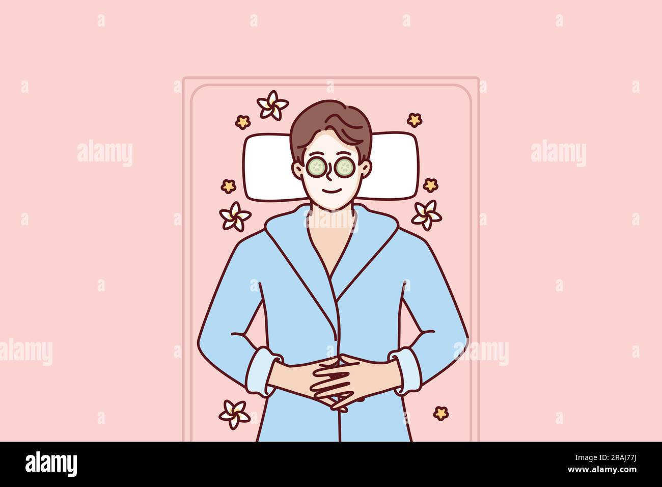 Ein Mann mit Tonmaske im Gesicht liegt im SPA während der Verjüngung und Falten-Behandlung. Ein Typ mit Gurken auf den Augen lächelt im SPA-Salon und stellt nach harter Arbeit Kraft wieder her Stock Vektor