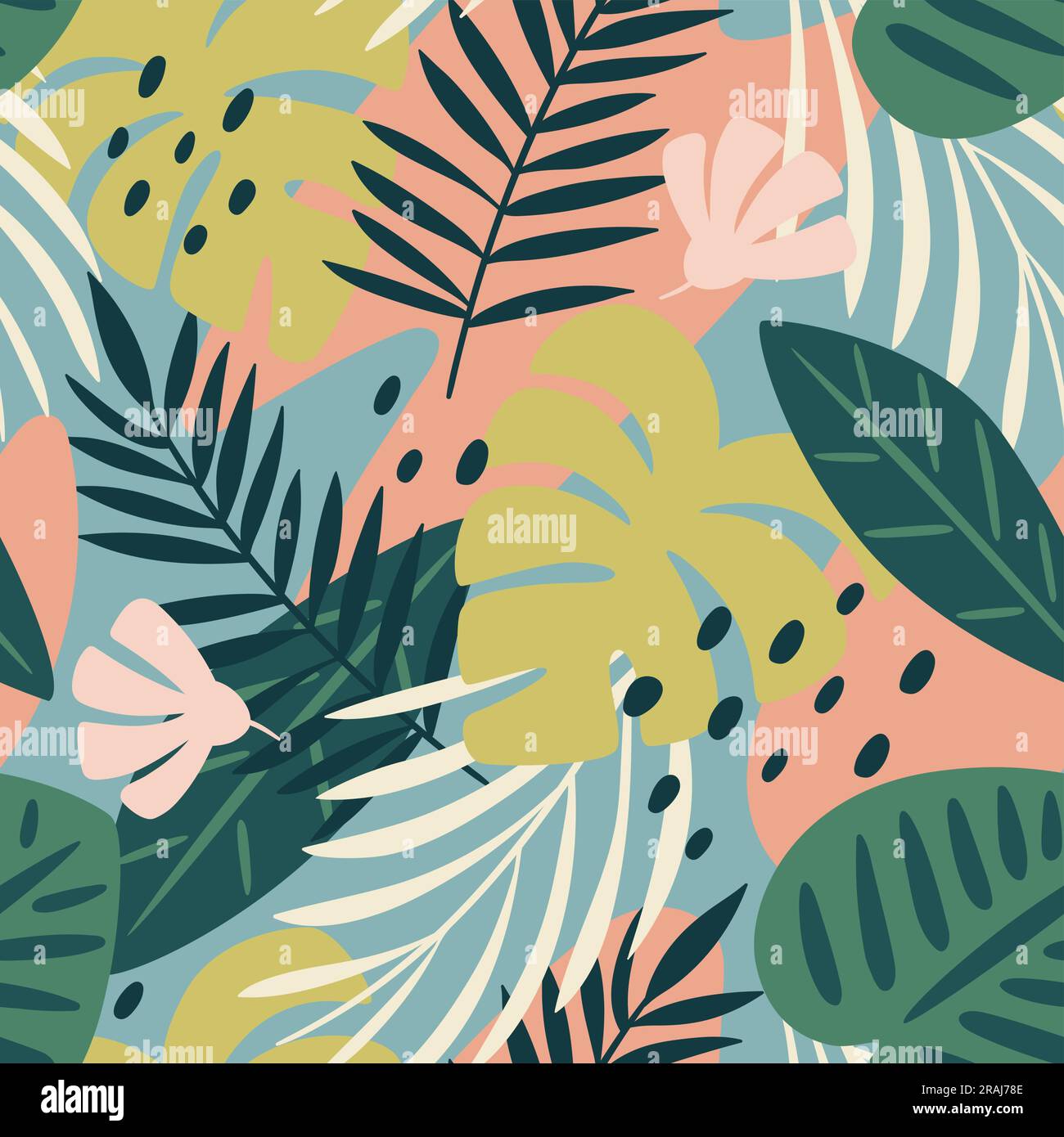 Tropische Blätter und Blumen mit nahtlosem Muster. Wiederholen Sie das Muster mit abstrakten tropischen Blättern. Quadratisches Design. Vektordarstellung. Stock Vektor