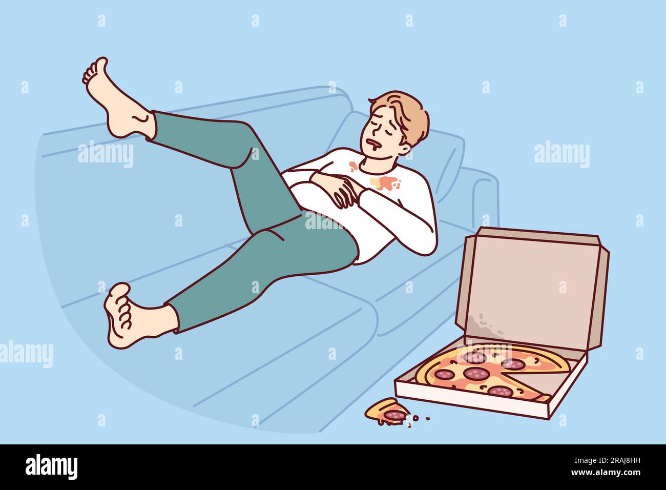 Hässlicher, fetter Mann, der auf dem Sofa neben einer Pizzaschachtel schläft, für ein falsches Lebensstil-Konzept von Fettleibigkeit verursacht. Der Kerl, der an dem Problem der Fettleibigkeit leidet, braucht Hilfe von Ernährungswissenschaftlern und Essen gesunde Ernährung. Stock Vektor