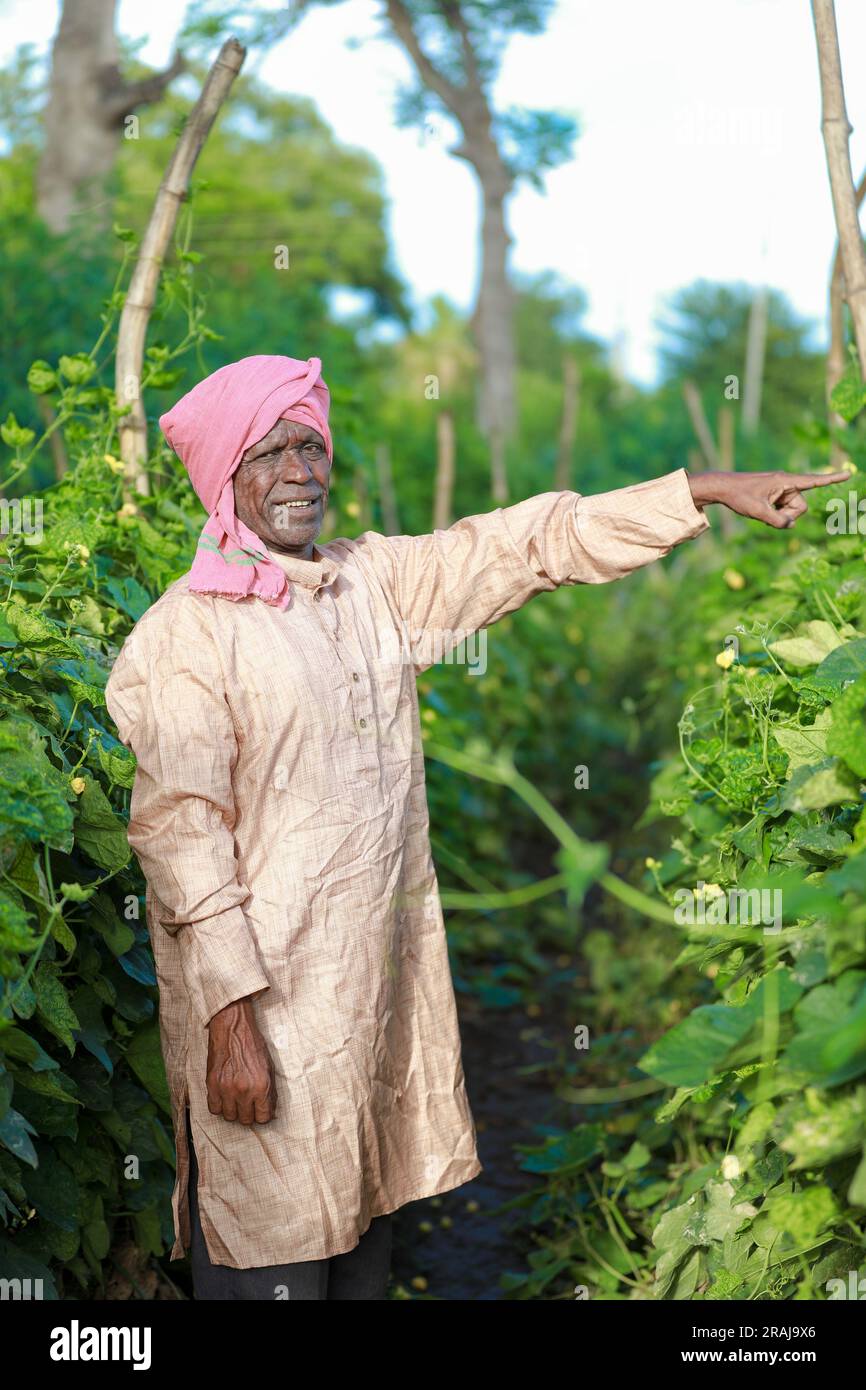 Indischer Bauernhof ein glücklicher indischer Bauer, der auf dem Bauernhof steht und leere Hände sät Stockfoto